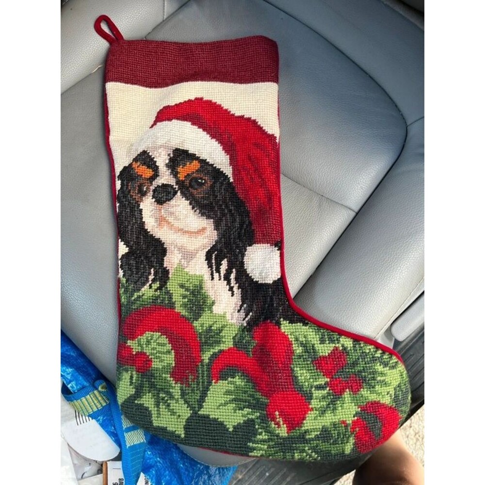 100% Wool needlepoint Christmas Stocking Dog